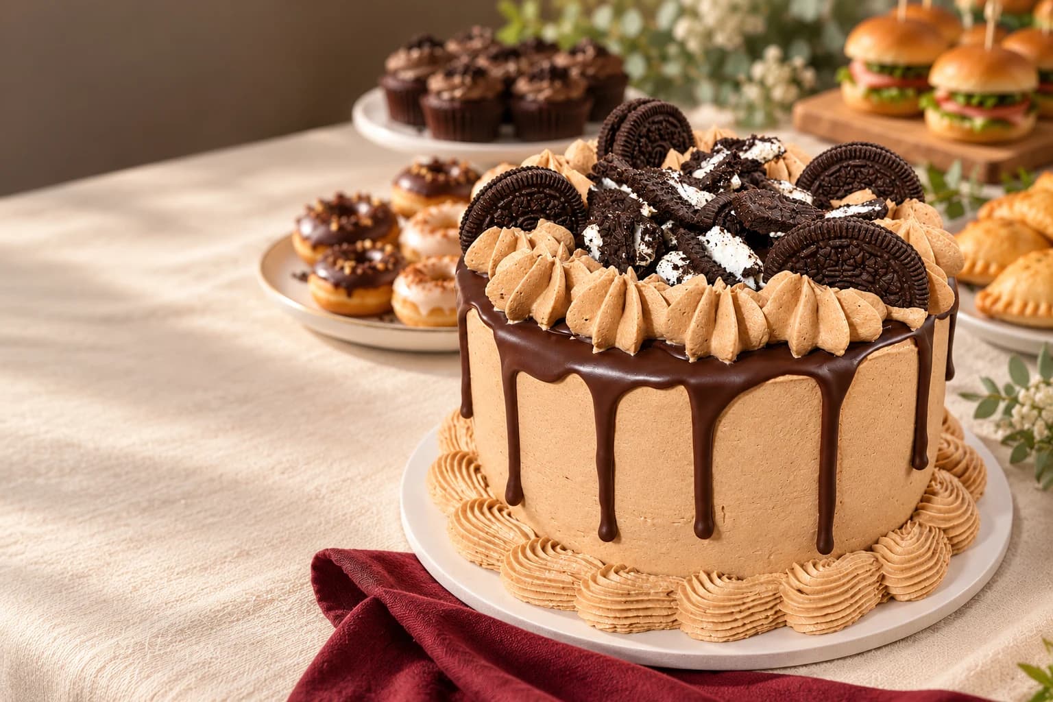 Torta de chocolate y galletas como protagonista de una mesa de inspiración de catering, con otros dulces y algunos bocados salados al fondo